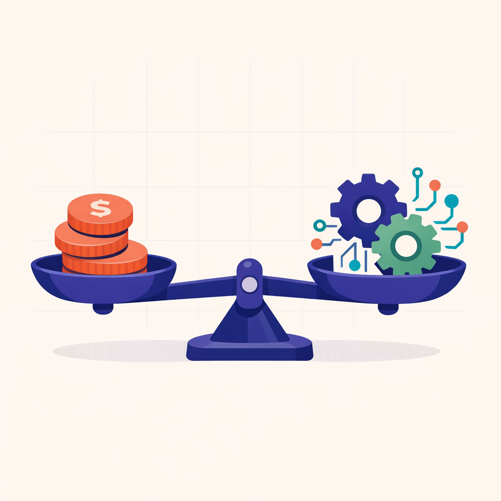 Illustration of a balance scale balancing the cost and complexity of AI agent development.