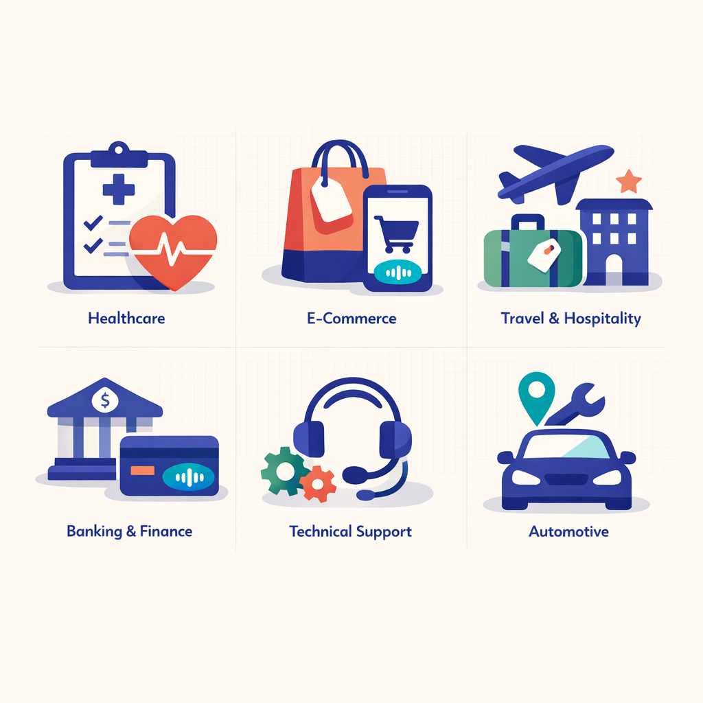 Icons representing industries using voice AI for customer service