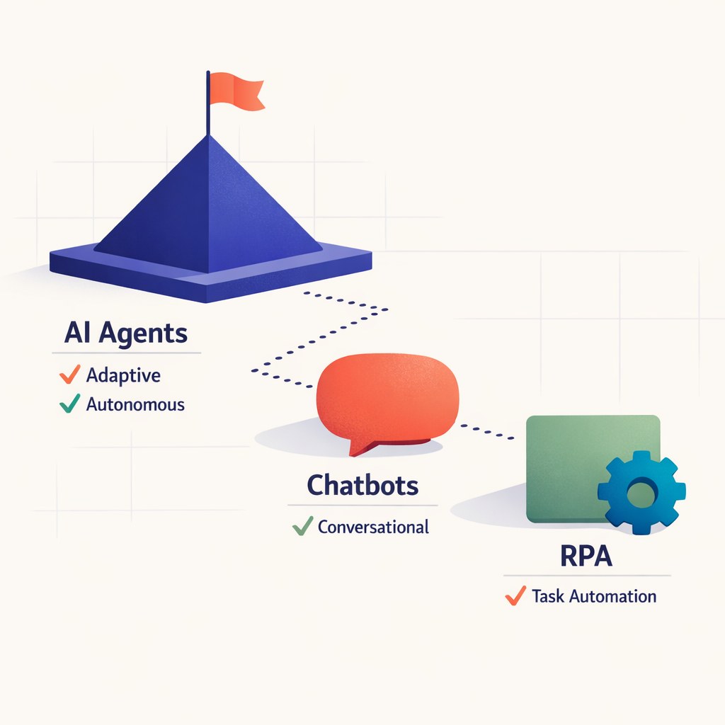 Conceptual illustration comparing AI agents, chatbots, and RPA.