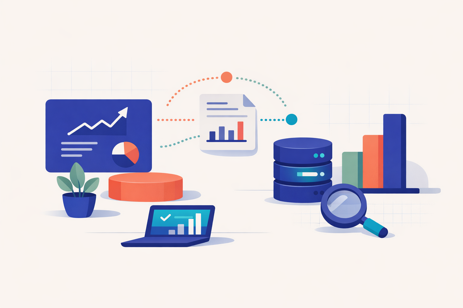 An editorial style illustration of a modern business environment with geometric representation of AI agents.