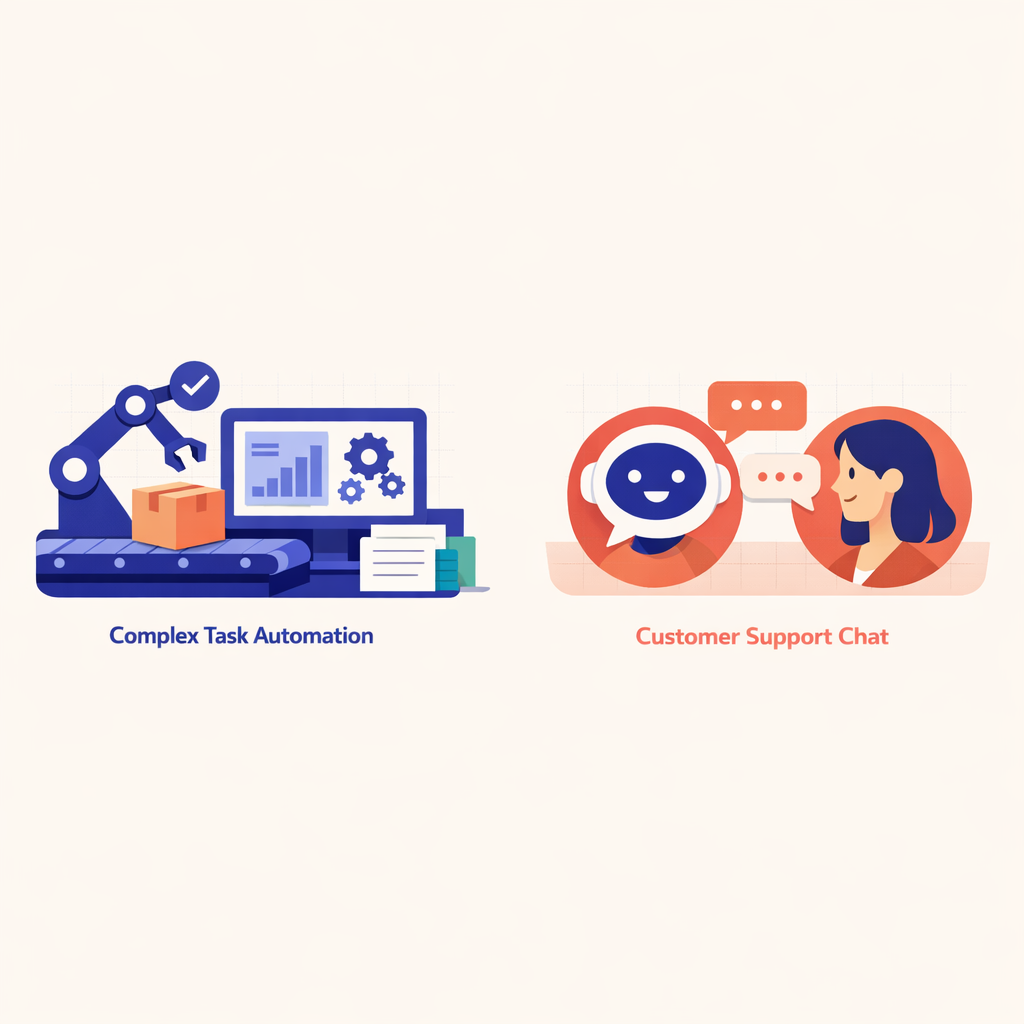 Illustration showing separate instances where either an AI agent or a chatbot is more beneficial.