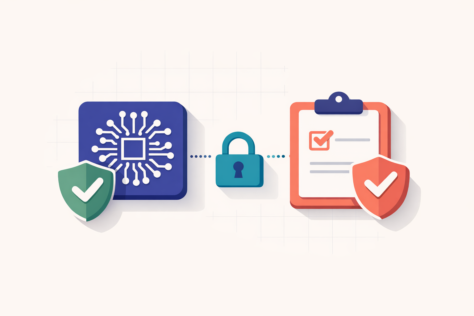 Abstract representation of AI security compliance with indigo and warm coral geometric elements