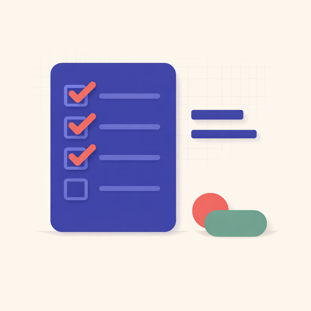 Abstract version of a checklist with tick marks in indigo and warm coral