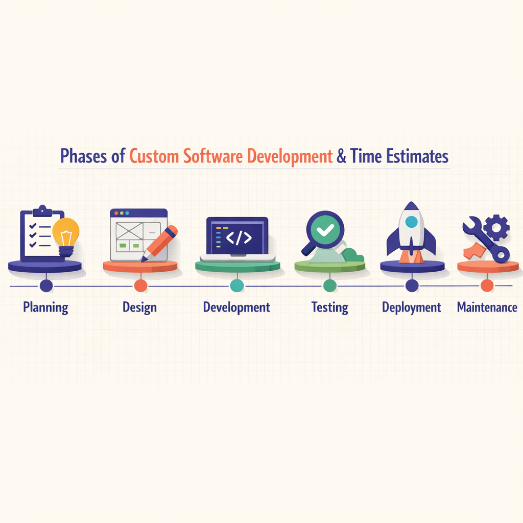 Diagram showing the different phases of custom software development with associated time estimates.