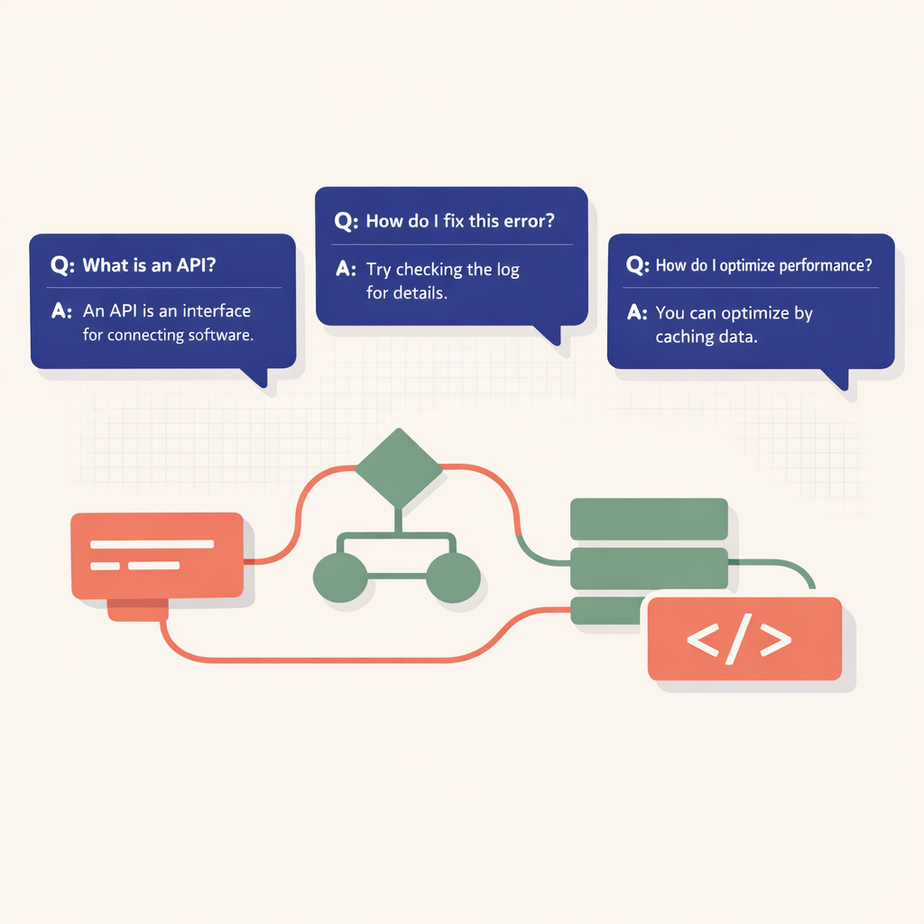 An illustration presenting an FAQ discourse on a conceptualized software architecture background.