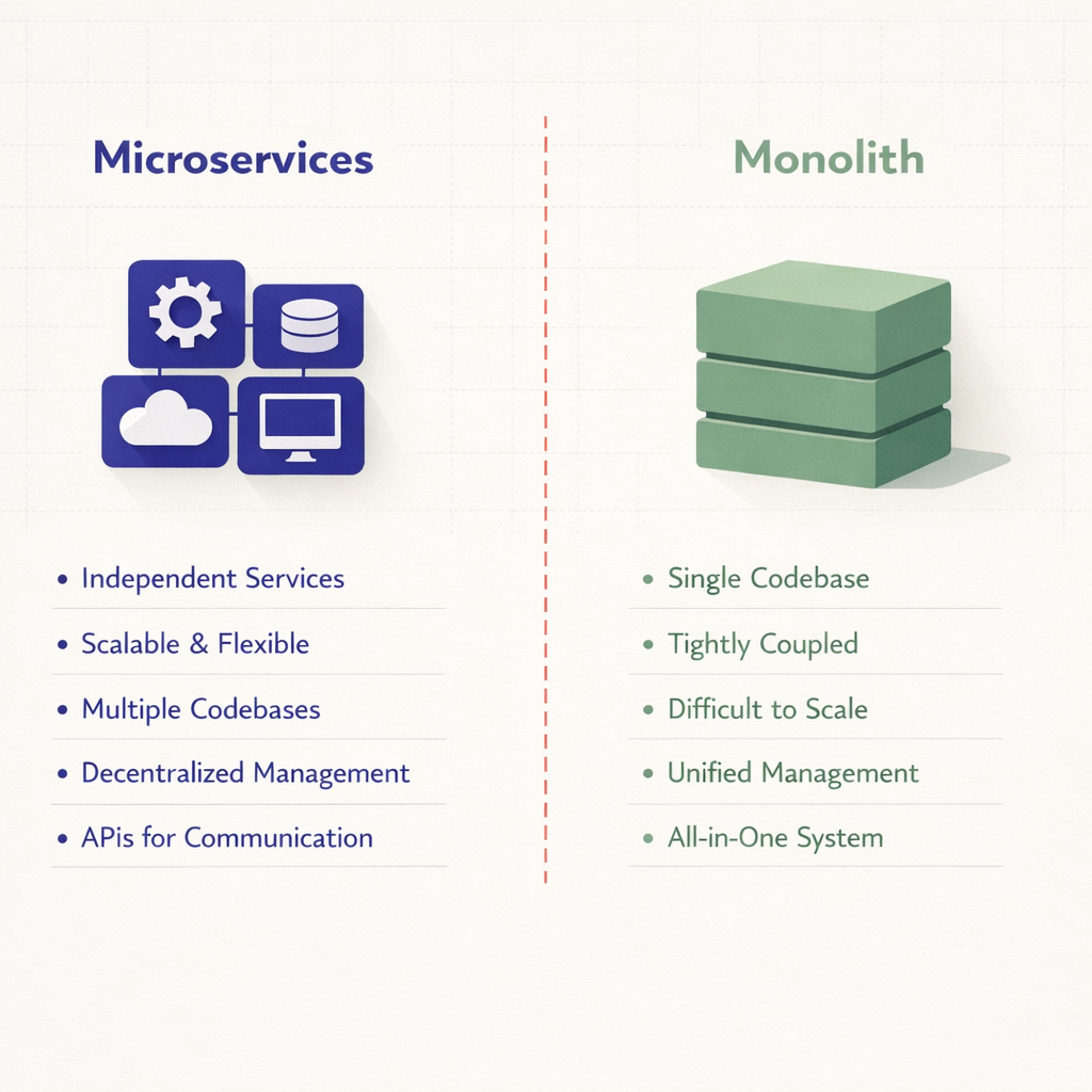 Diagram illustrating the core differences between microservices and monolith architectures.