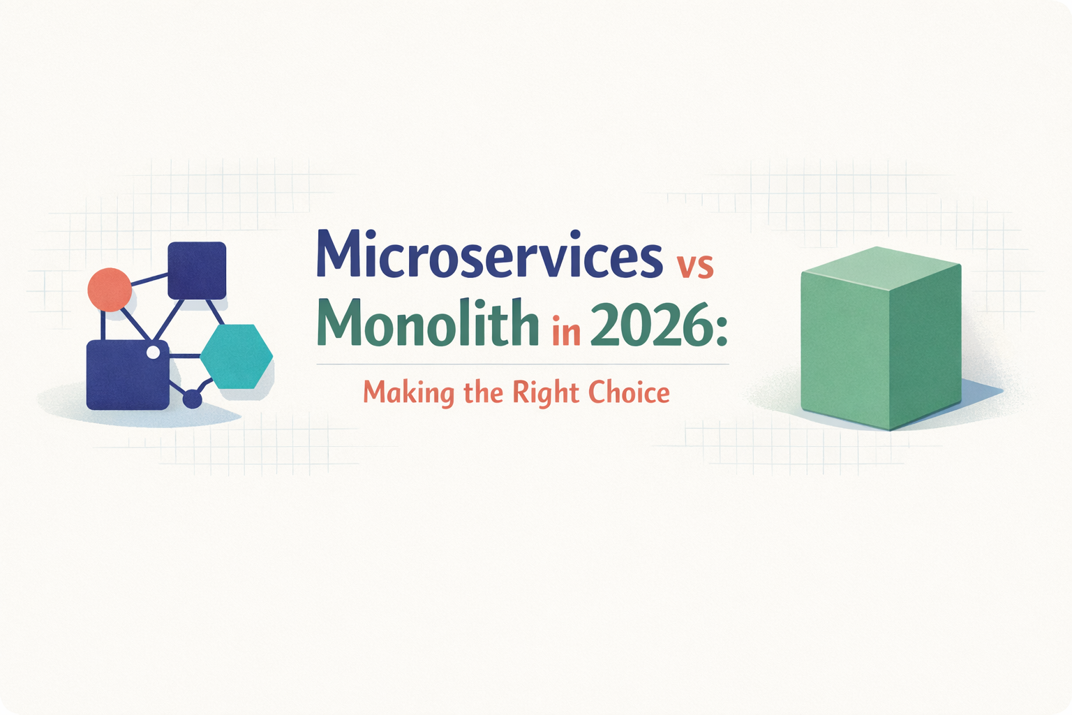 Banner image depicting microservices as interconnected shapes and monolith as a solid block. The words 'Microservices vs Monolith in 2026: Making the Right Choice' are written in the center.