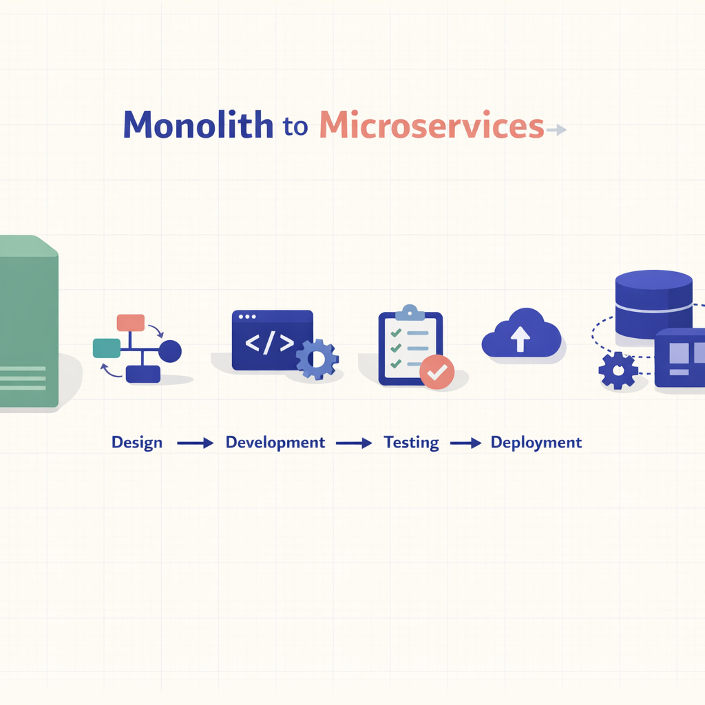 Technical diagram depicting the migration process from Monolithic architecture to Microservices architecture.