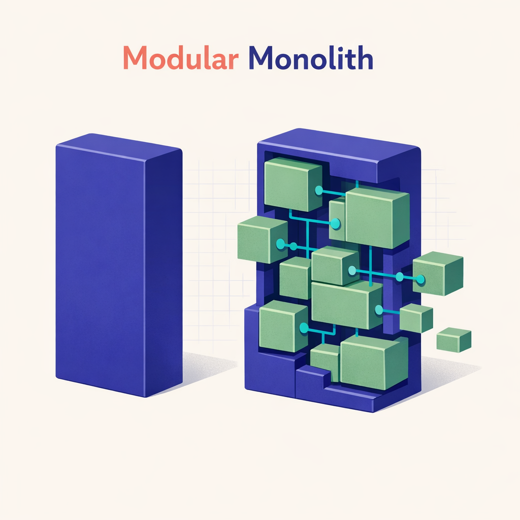 Illustration depicting the concept of a 'Modular Monolith' as an interconnected structure within a single entity.