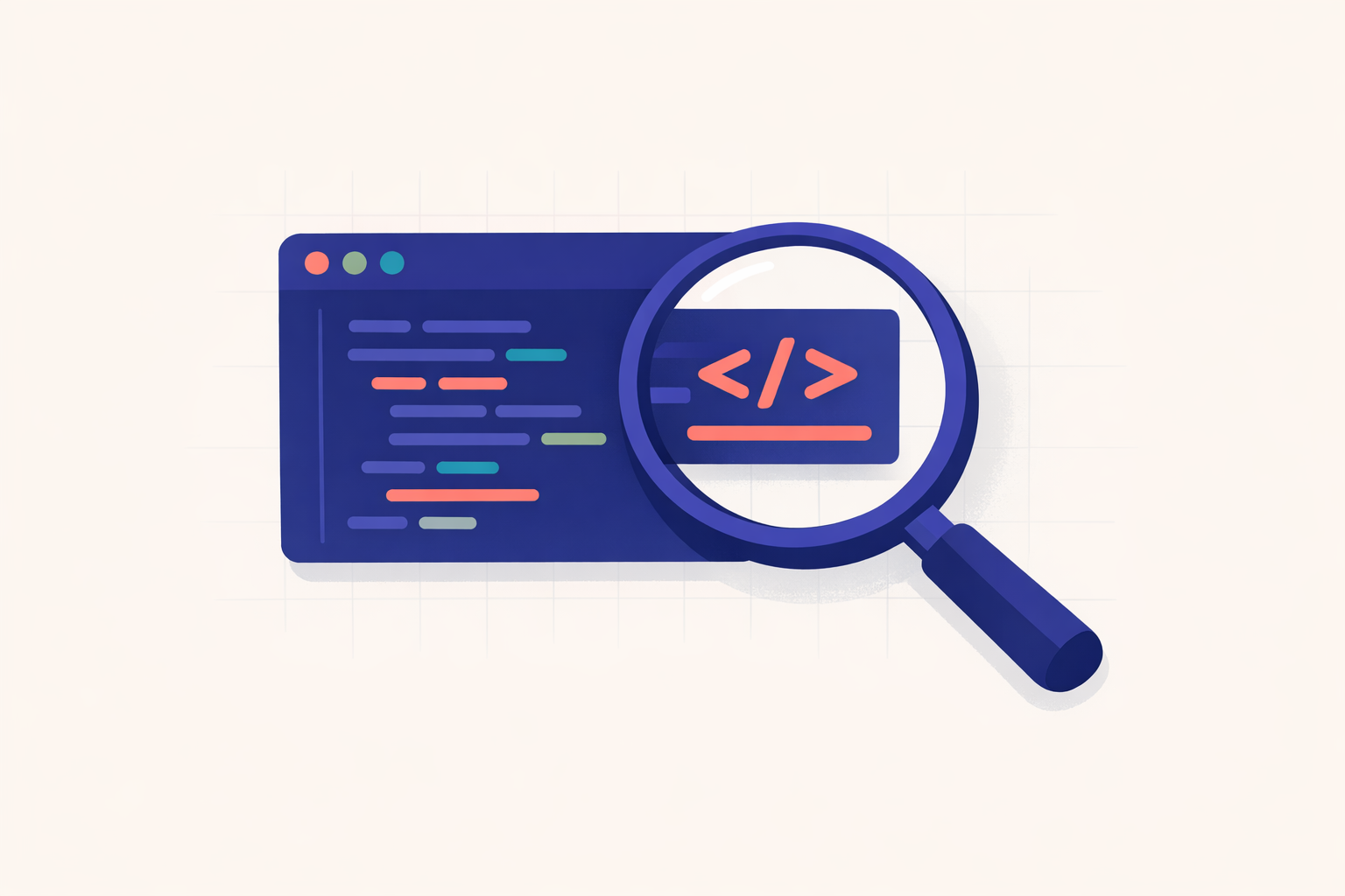 A stylized magnifying glass examining software code.