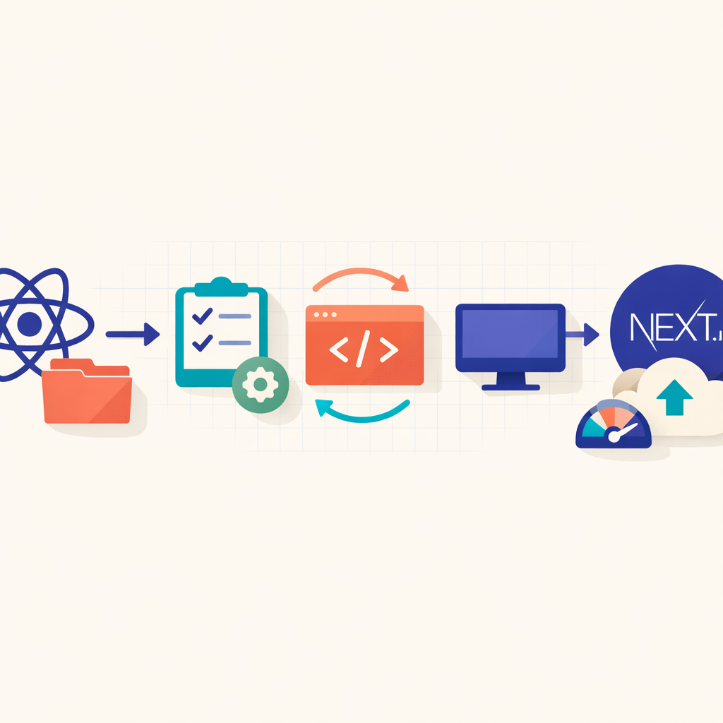 Illustration displaying the process of transitioning between React and Next.js in 2026
