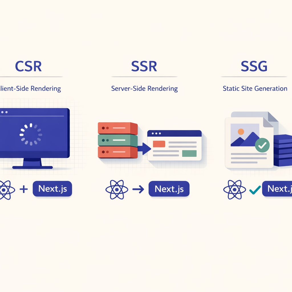 Illustration depicting Client Side Rendering, Server Side Rendering, and Static Site Generation in React and Next.js.