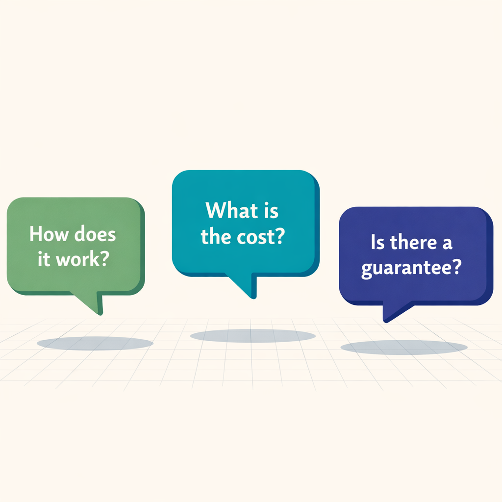 Three dialogue balloons representing frequently asked questions about Node.js and Python backend