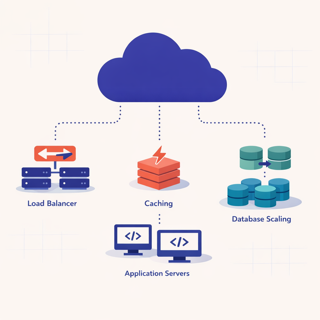 Technical illustration of a cloud infrastructure connected to various components for a scalable web application.