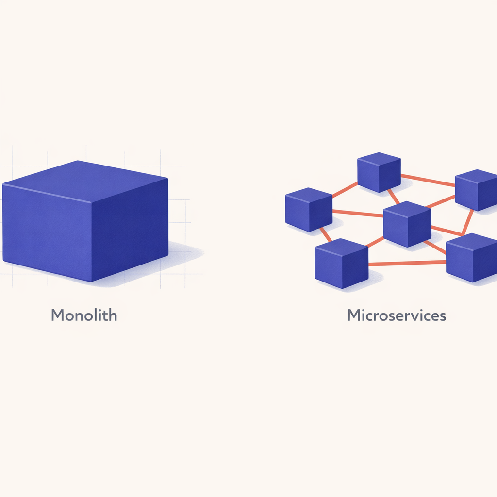Conceptual illustration comparing the monolith and microservices architectures in web application scalability.
