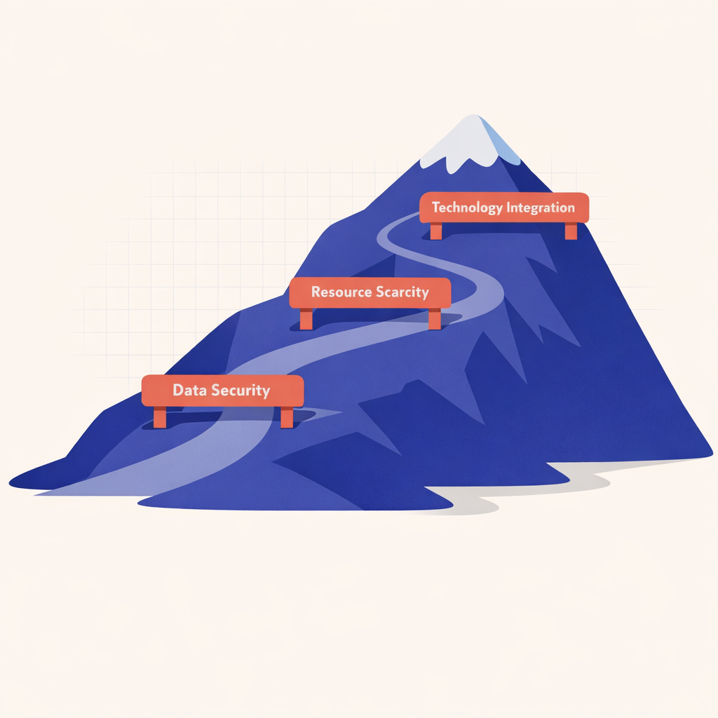 Illustration of hurdles on a mountain, symbolizing implementation challenges in AI EdTech Personalization