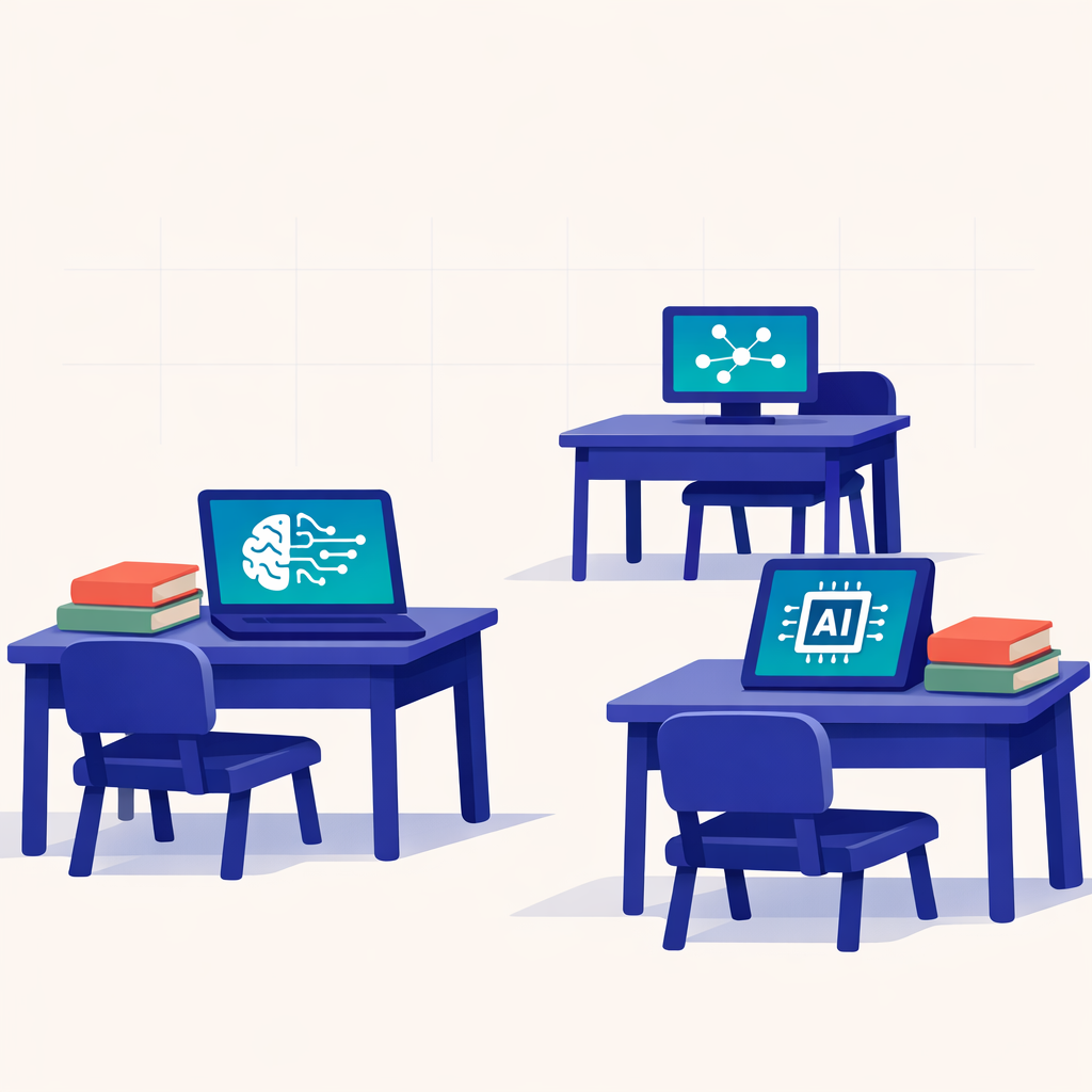 Classroom illustration with books and screens displaying AI symbols, representing practical use of AI in EdTech