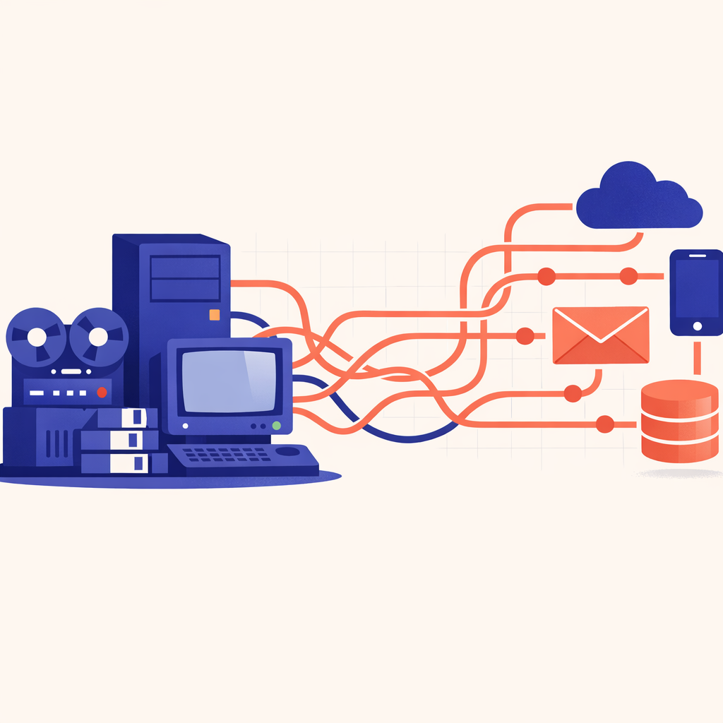 A concept diagram showing legacy technology systems grappling with digital connections