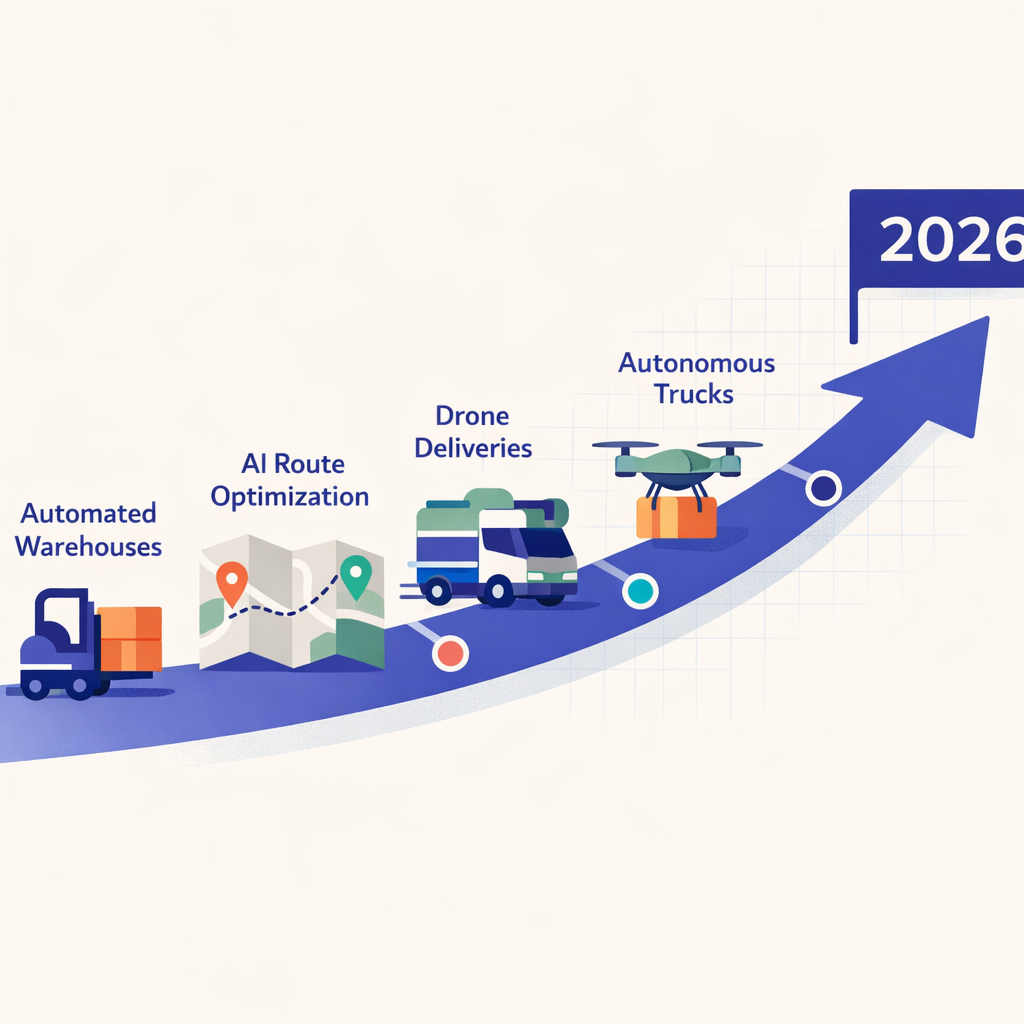 Timeline illustration depicting the future projections for AI in supply chain logistics by 2026