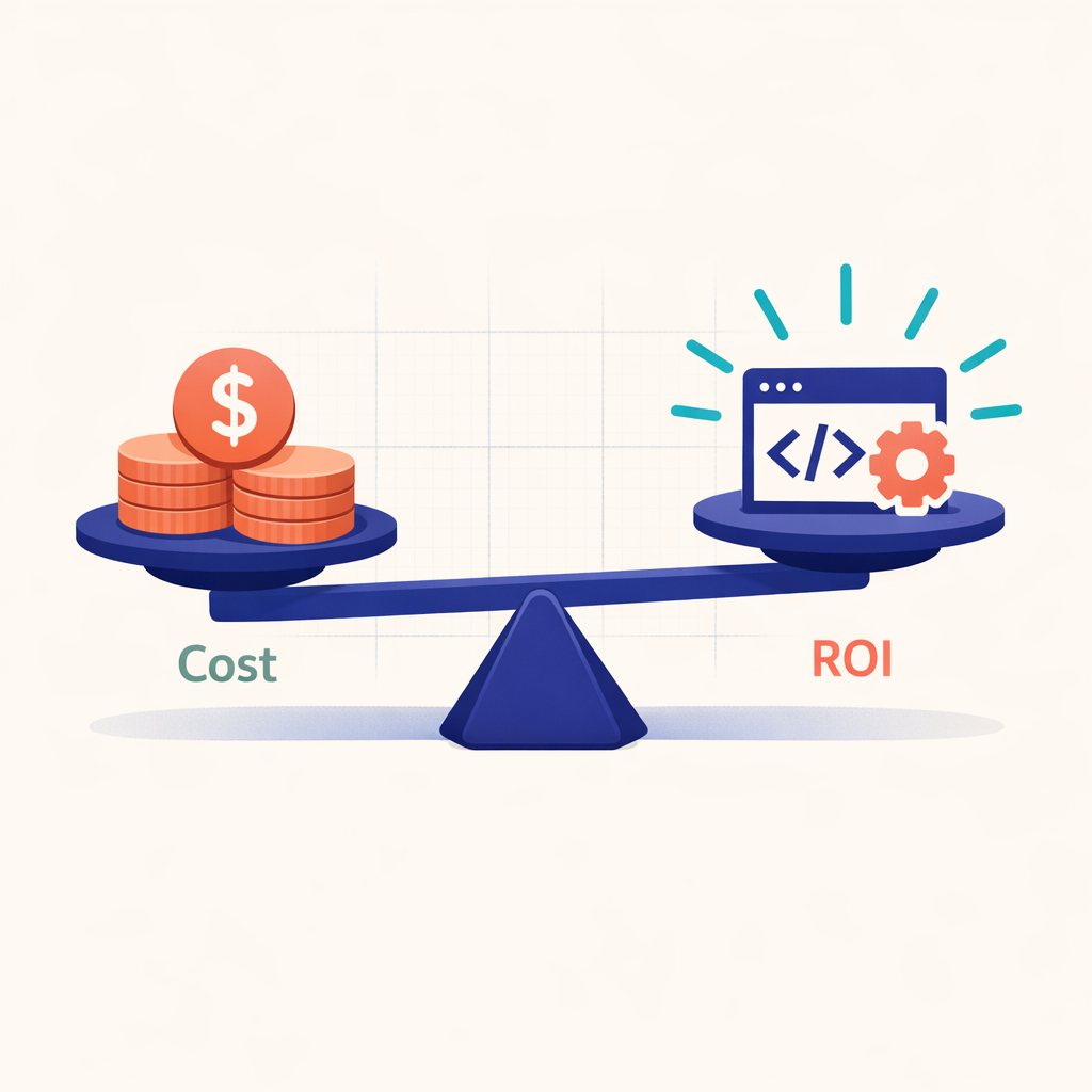 Balance scale comparing cost and ROI of switching to custom software