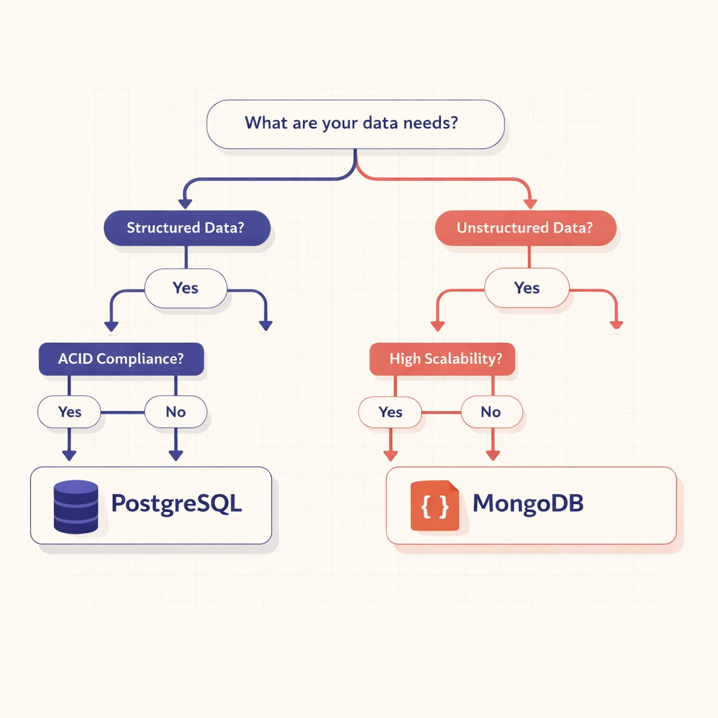 Diagram illustrating a decision-making framework for choosing between PostgreSQL and MongoDB