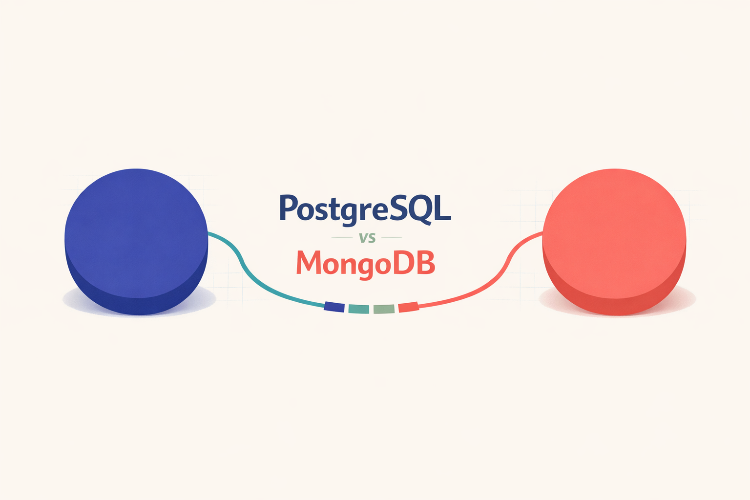 Hero image with PostgreSQL and MongoDB concept presented in soft color shapes on a warm, off-white background