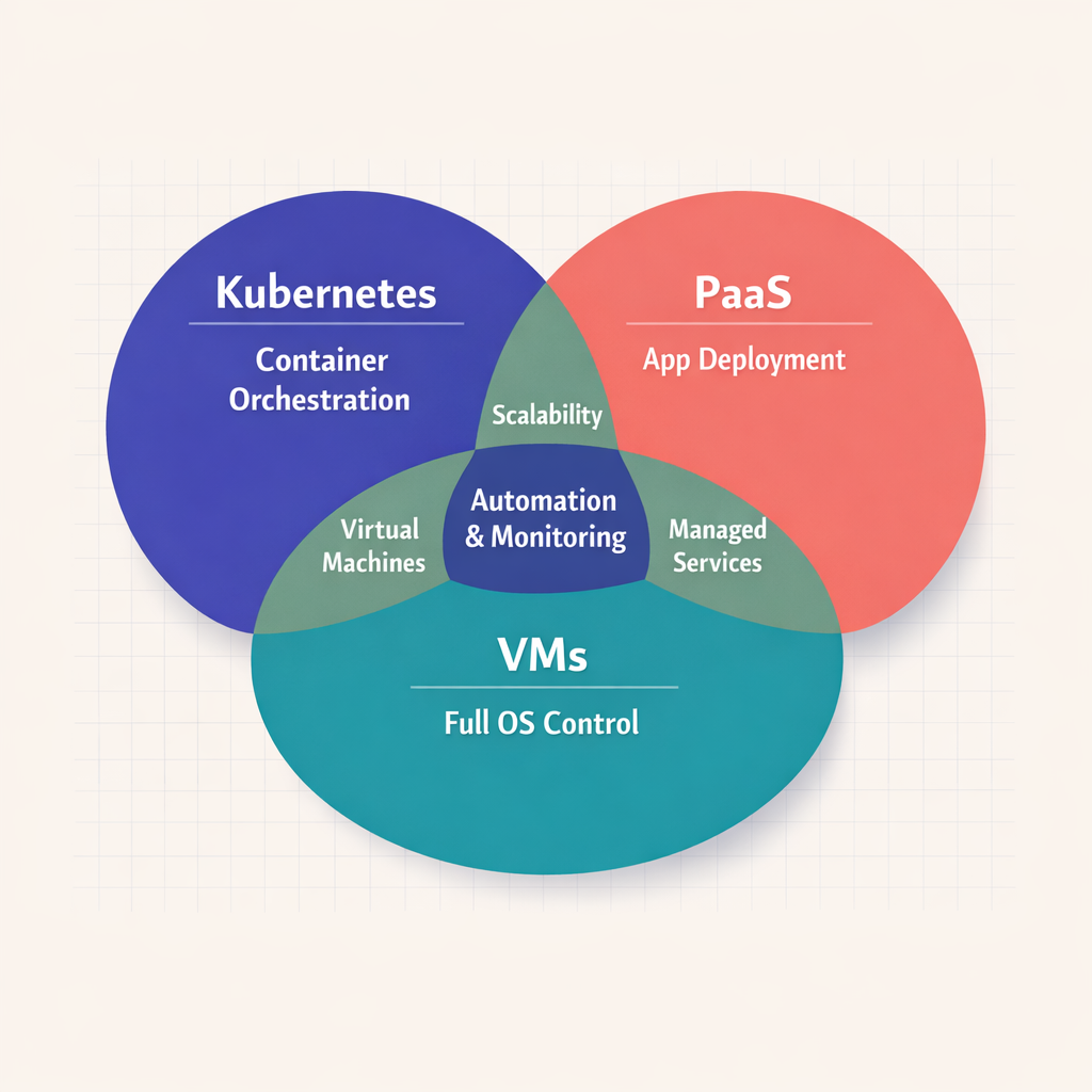 Diagram comparing Kubernetes, PaaS, and VMs
