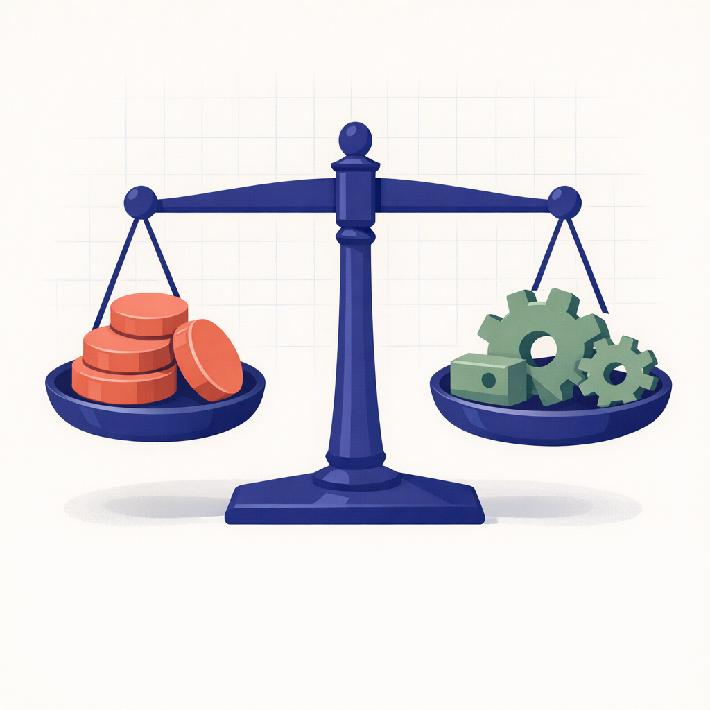 Illustration of a balance scale showing the cost-complexity trade-off in adopting Kubernetes