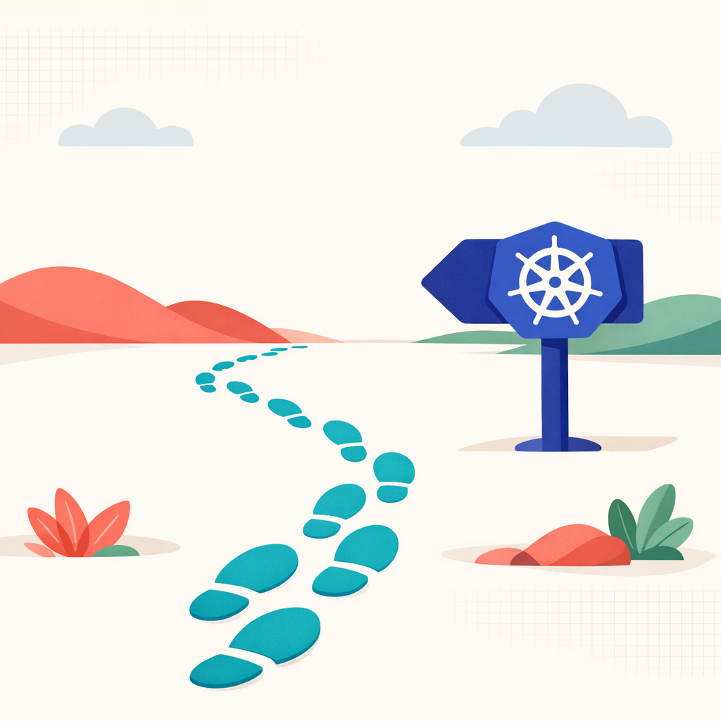Illustration of a path leading to a Kubernetes signpost, representing the journey and decision to start using Kubernetes