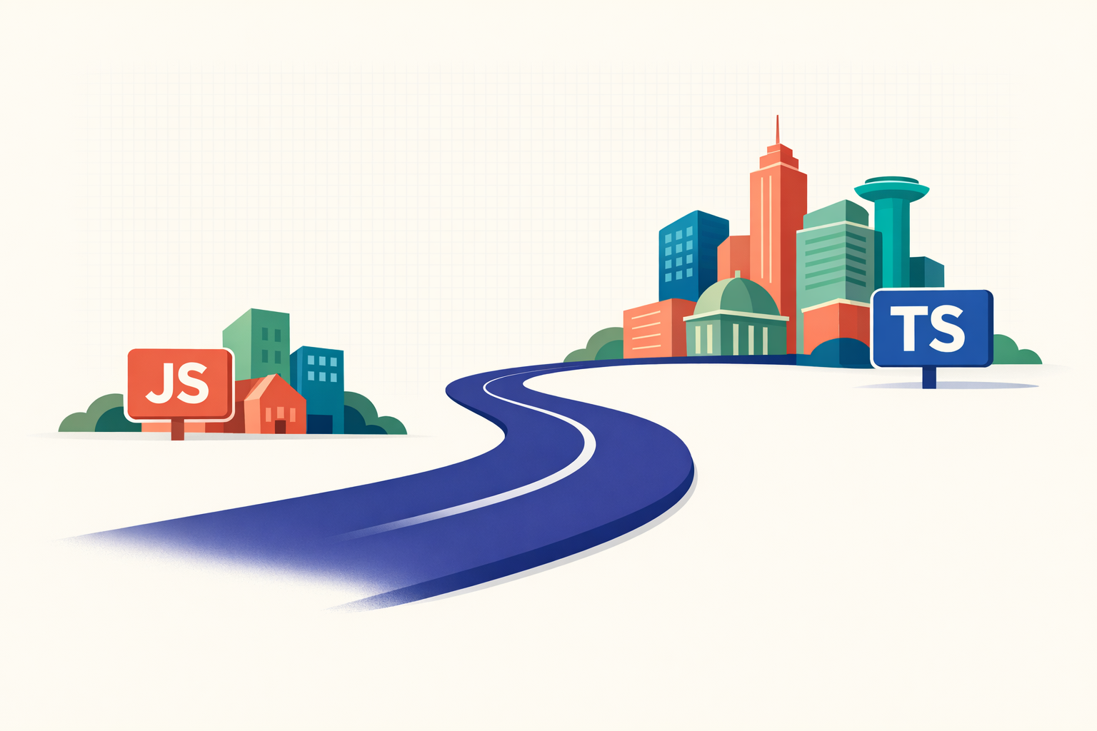 Road leading from JavaScript city to TypeScript city representing migration path