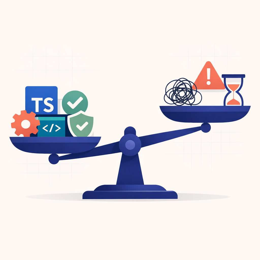 Balanced scale showing more weight on the benefits of TypeScript
