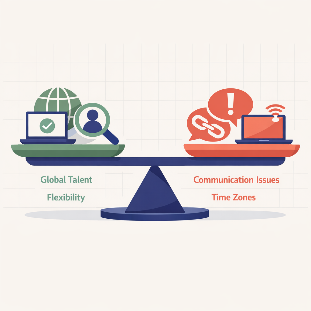 Illustration showing balancing act of pros and cons of remote hiring