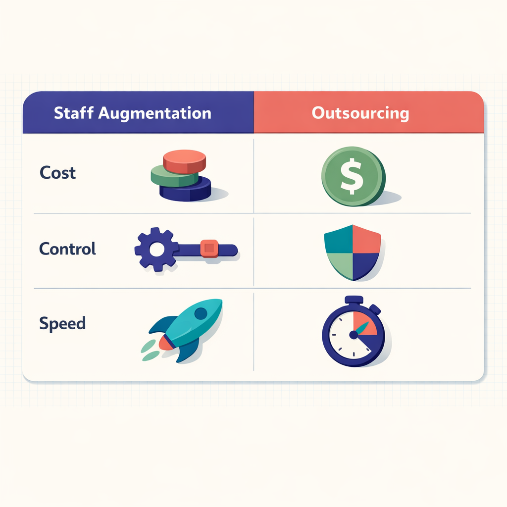 Comparative table diagram showing differences between Staff Augmentation and Outsourcing