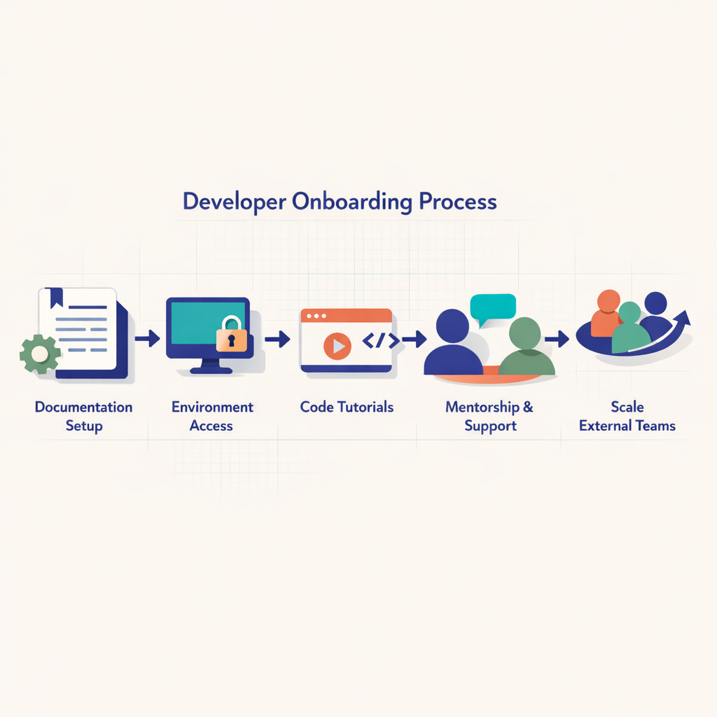 Graphical representation of the developer onboarding process shown as sequential steps