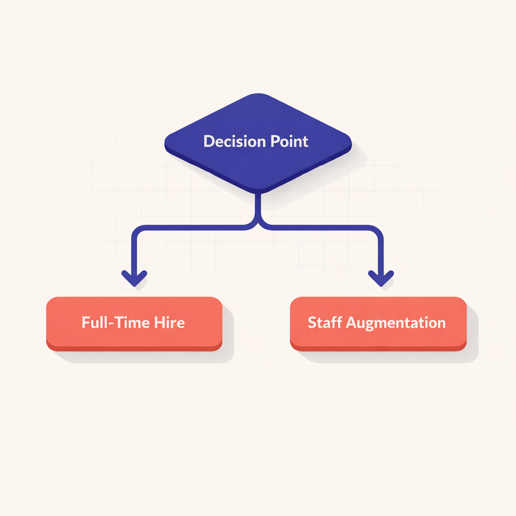 Conceptual image of a decision framework leading to either 'Full-Time Hire' or 'Staff Augmentation'