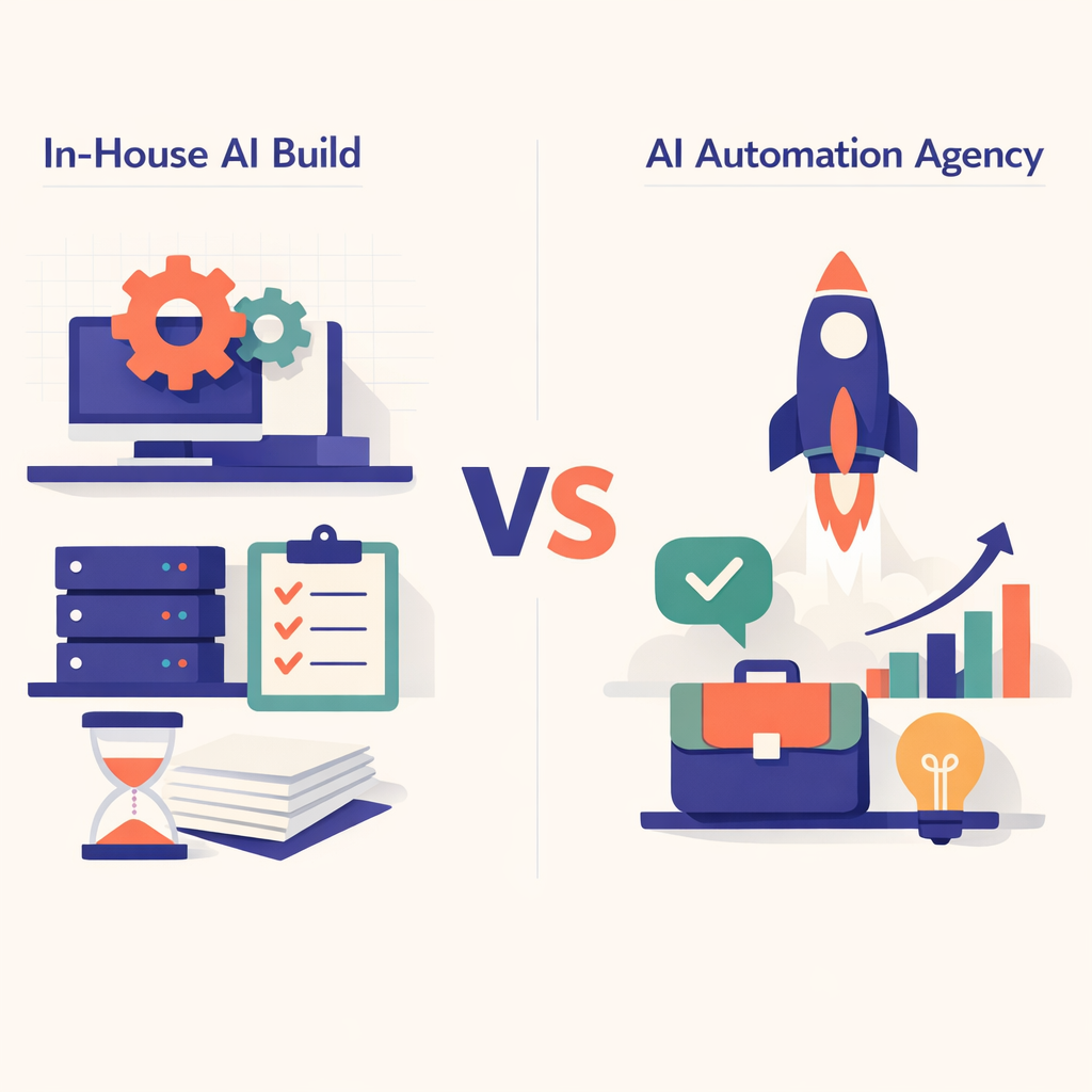 Illustration comparing an in-house AI build and an AI Automation Agency