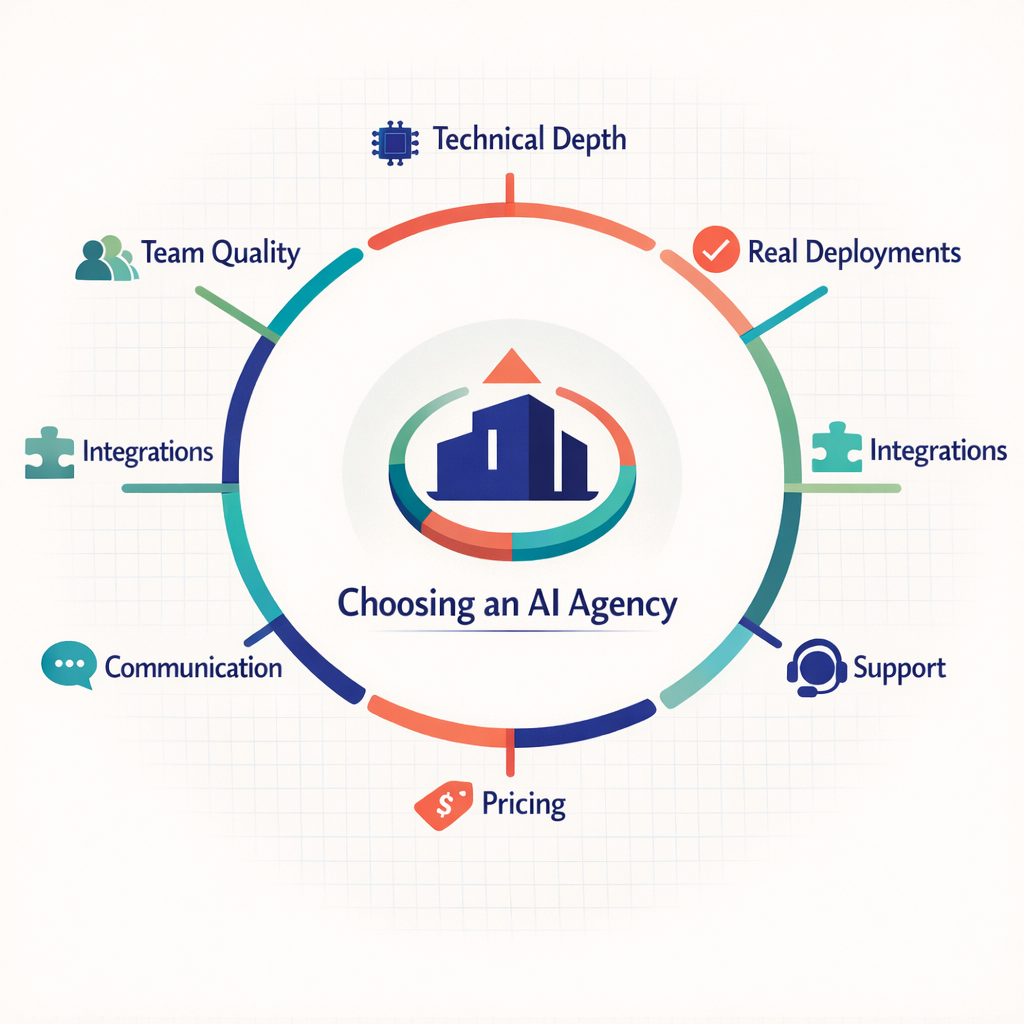 A diagram showing 8 criteria for selecting an AI Agency.