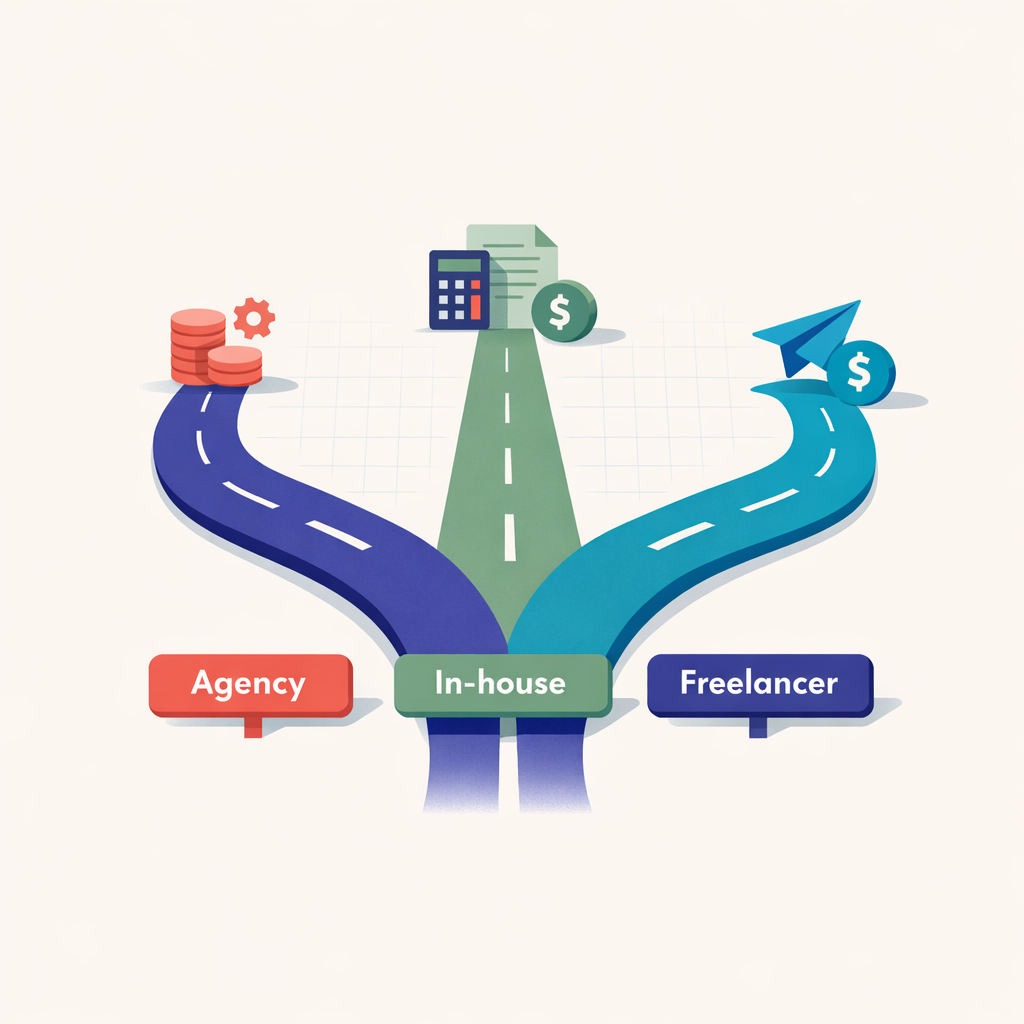 Illustration symbolizing different cost paths for agency, in-house resources, and freelancers in AI automation