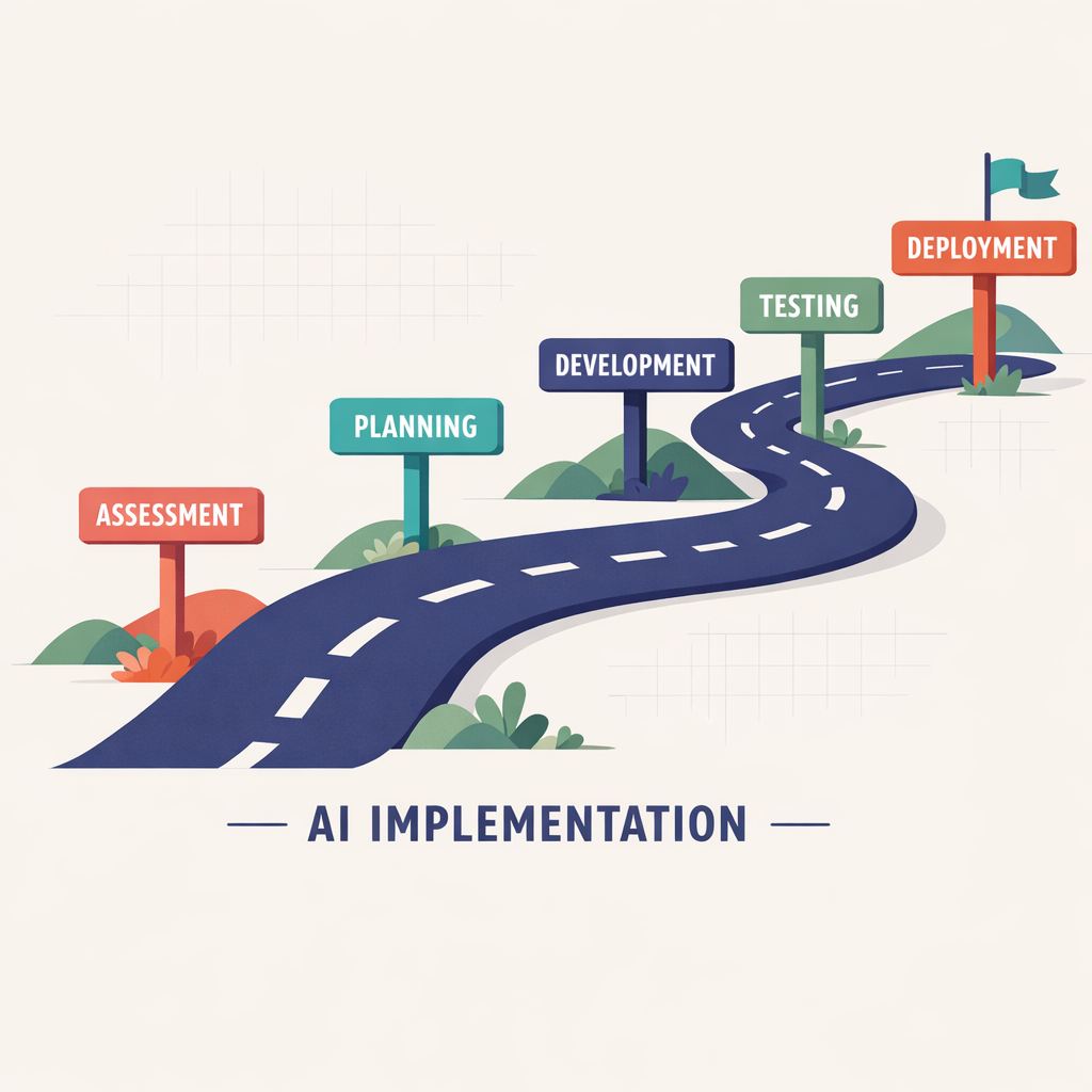 Conceptual diagram showing a road with phase markers outlining a phased approach to AI Automation Implementation