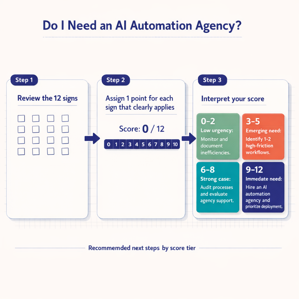 Three-step scoring diagram showing twelve checklist boxes, a 0 to 12 score counter, and four interpretation tiers from low urgency to immediate need with recommended next steps