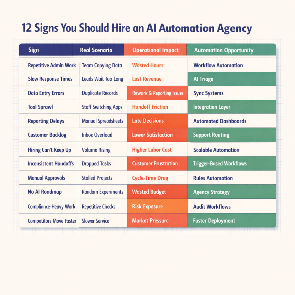Four-column table listing twelve business signs alongside real scenarios, operational impacts, and automation opportunities such as repetitive admin work, reporting delays, customer backlog, and lack of an AI roadmap