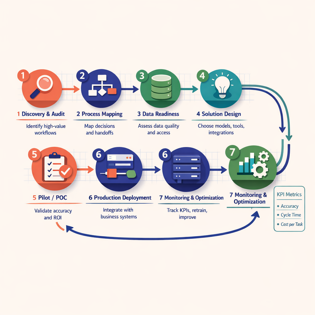 Seven-step implementation flowchart showing Discovery and Audit, Process Mapping, Data Readiness, Solution Design, Pilot, Production Deployment, and Monitoring and Optimization, with directional arrows, KPI callouts, and a feedback loop from production back to optimization