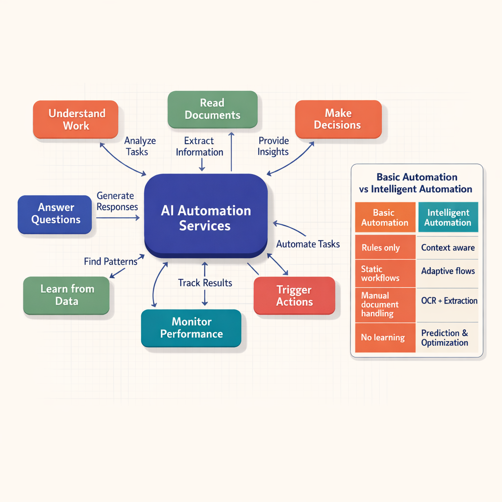 Concept map centered on AI Automation Services with branches for reading documents, making decisions, triggering actions, answering questions, and learning from data, plus a side-by-side comparison of AI automation versus basic rule-based automation