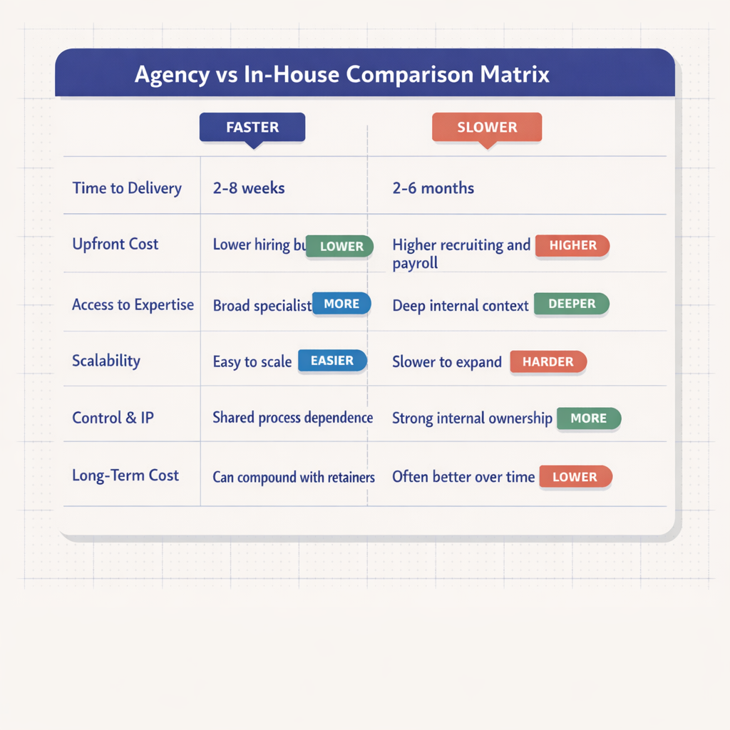 Side-by-side comparison matrix showing Agency and In-House ratings for time to delivery, upfront cost, access to expertise, scalability, control and IP, and long-term cost with notes in each cell