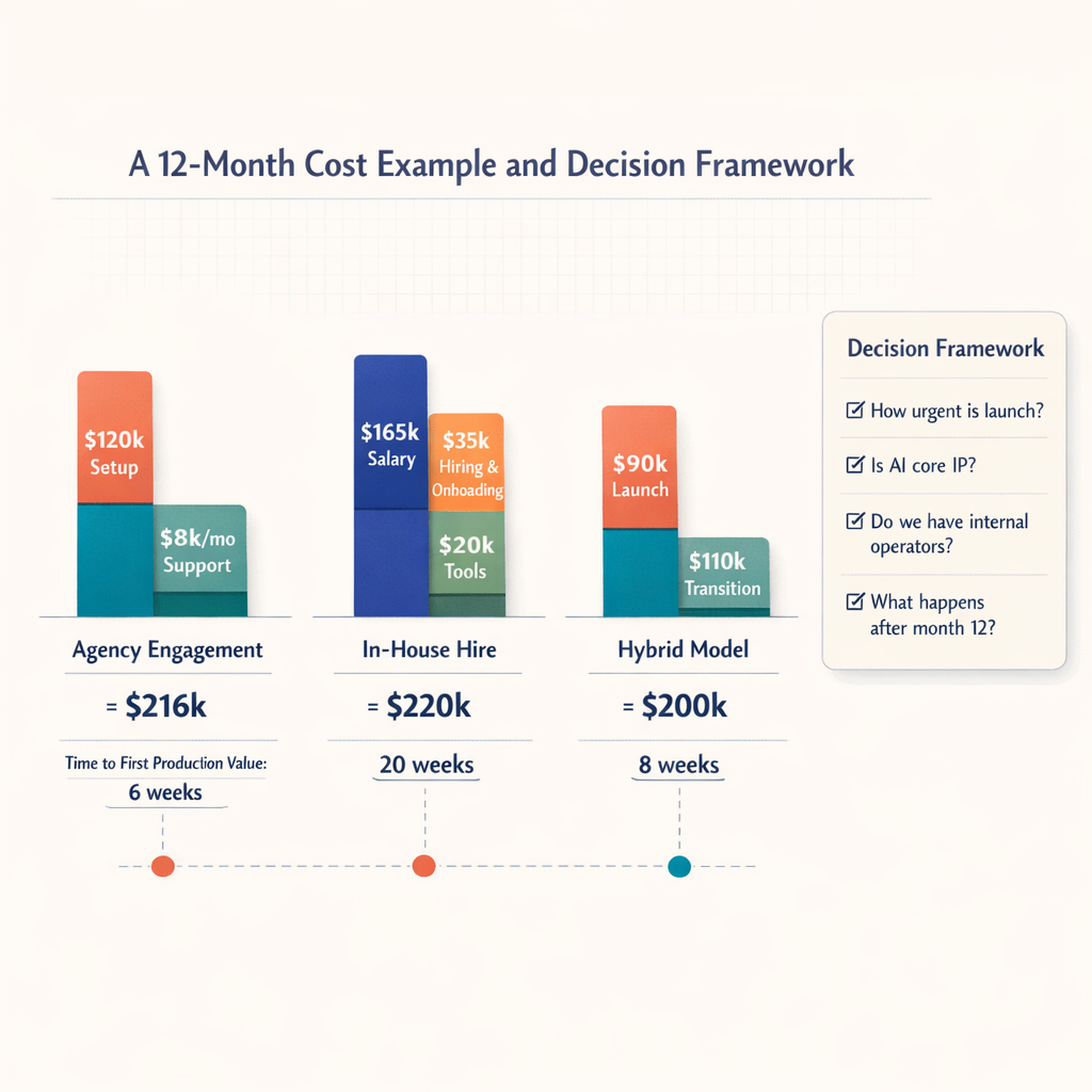 Bar chart comparing 12-month costs for Agency Engagement at $216k, In-House Hire at $220k, and Hybrid Model at $200k, with notes on time to first production value and a four-question decision checklist