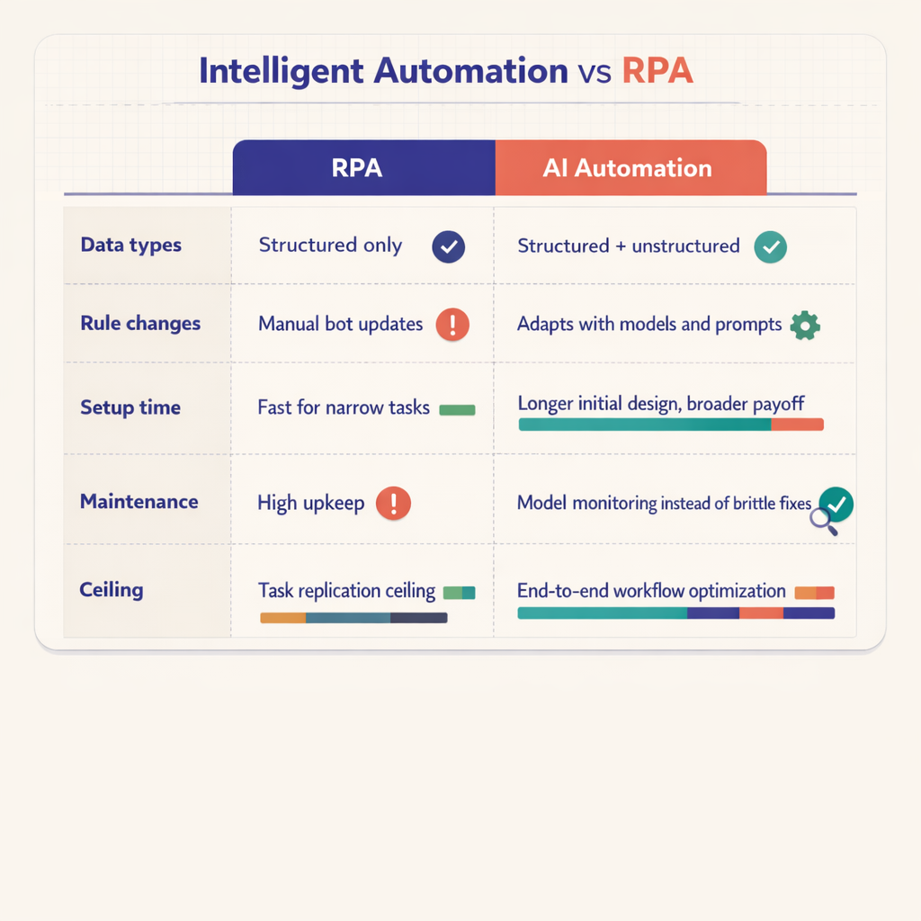 Comparison table showing RPA versus AI automation across data types, rule changes, setup time, maintenance, and automation ceiling, with notes like structured only, high upkeep, and end-to-end workflow capability