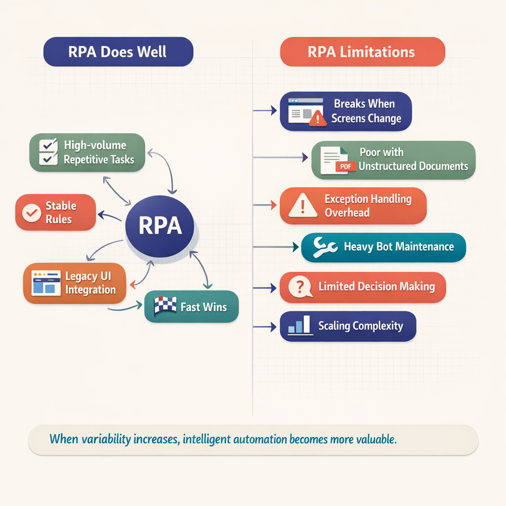 Two-column concept map showing RPA strengths such as structured data, stable rules, and repeatable steps alongside RPA limitations including screen changes, unstructured documents, exception handling overhead, and brittle maintenance