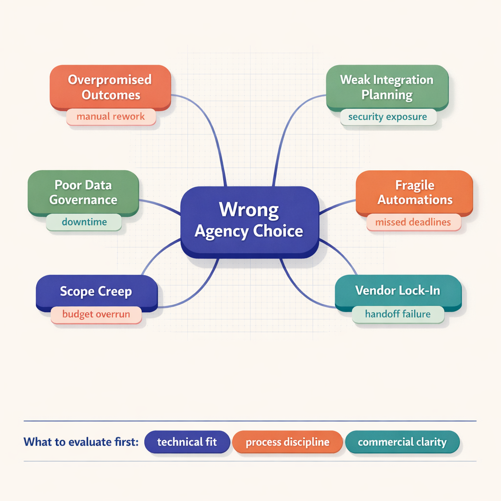 Diagram with a central 'wrong agency choice' node connected to six operational risks such as scope creep, vendor lock-in, fragile automations, and weak integration planning, each labeled with business impact