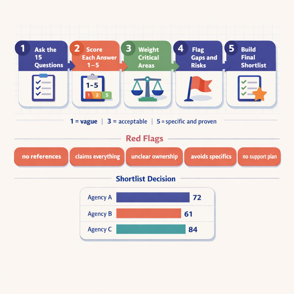 Five-step scoring workflow graphic with a 1-to-5 rating legend, highlighted red flag labels, and shortlist comparison bars showing Agency A at 72, Agency B at 61, and Agency C at 84