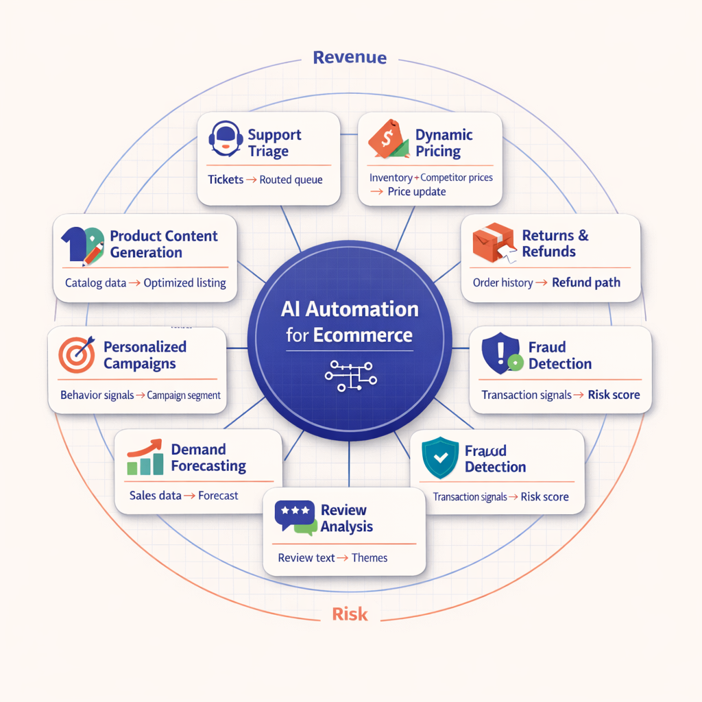 Central AI automation for ecommerce hub linked to eight process cards labeled product content, support triage, dynamic pricing, returns, demand forecasting, review analysis, personalized campaigns, and fraud detection